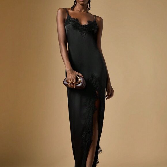 Black Preppy Women's Cold Shoulder Spaghetti Strap High Slit Lace Dress - Picture 4 of 7